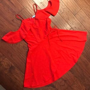 Red off the shoulder ruffle wrap dress